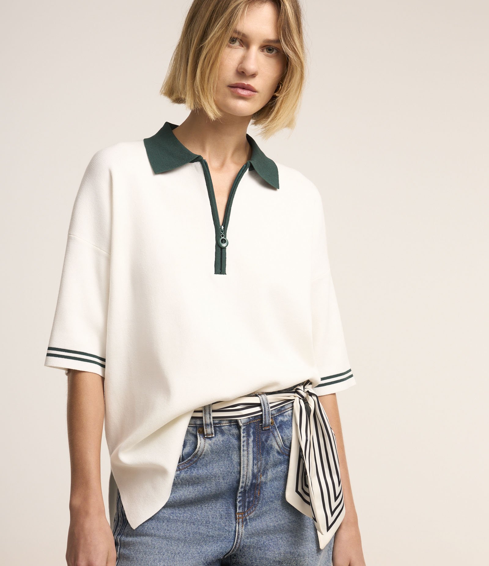 Blusa Tricot Bicolor Manga Curta Branco/ Preto 3