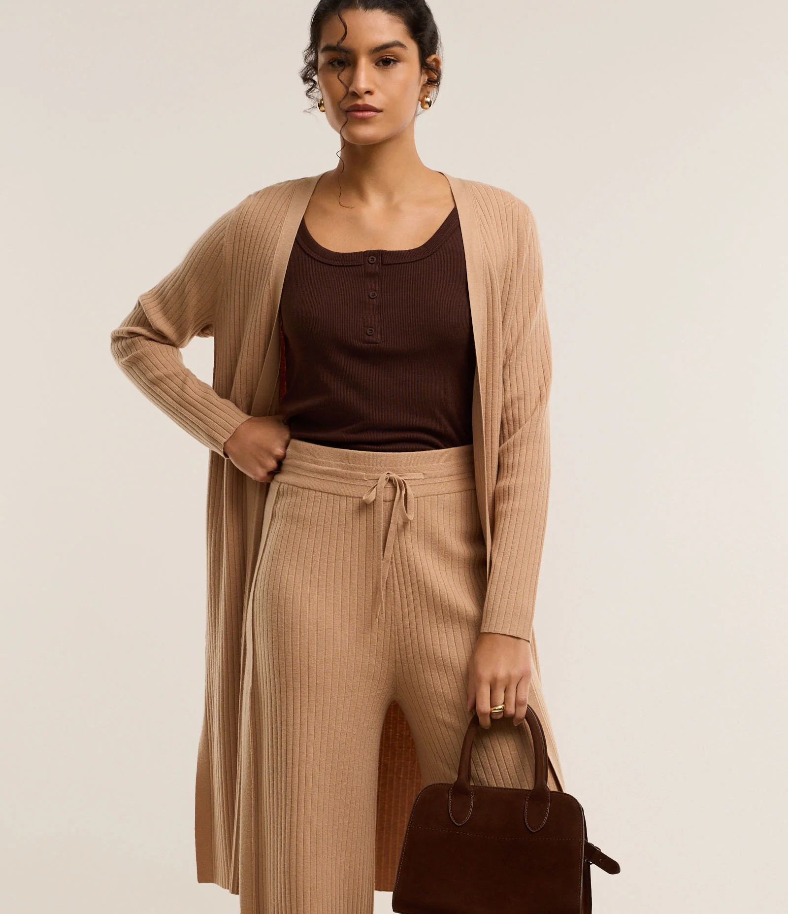 Calça Reta Cintura Alta em Tricô Canelado com Amarração Marrom 2