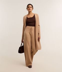 Calça Reta Cintura Alta em Tricô Canelado com Amarração