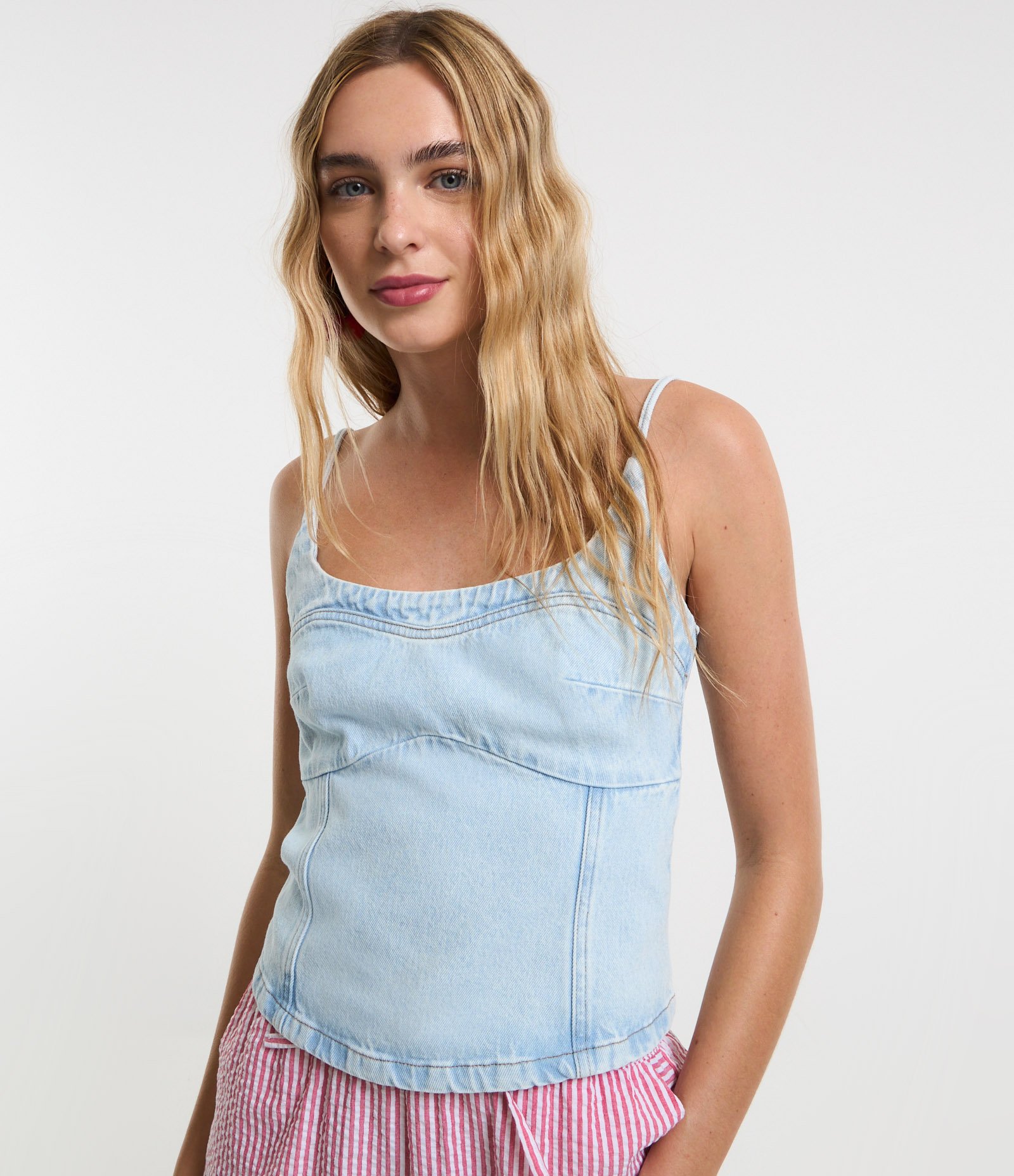 Blusa de Alça em Jeans com Recortes Azul 3