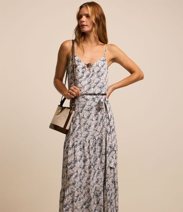 Saia Evasê Long Midi em Viscose com Conchas Estampadas