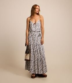 Saia Evasê Long Midi em Viscose com Conchas Estampadas