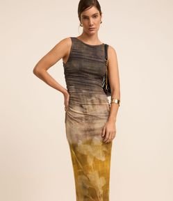 Vestido Midi em Tule com Estampa de Folhagem