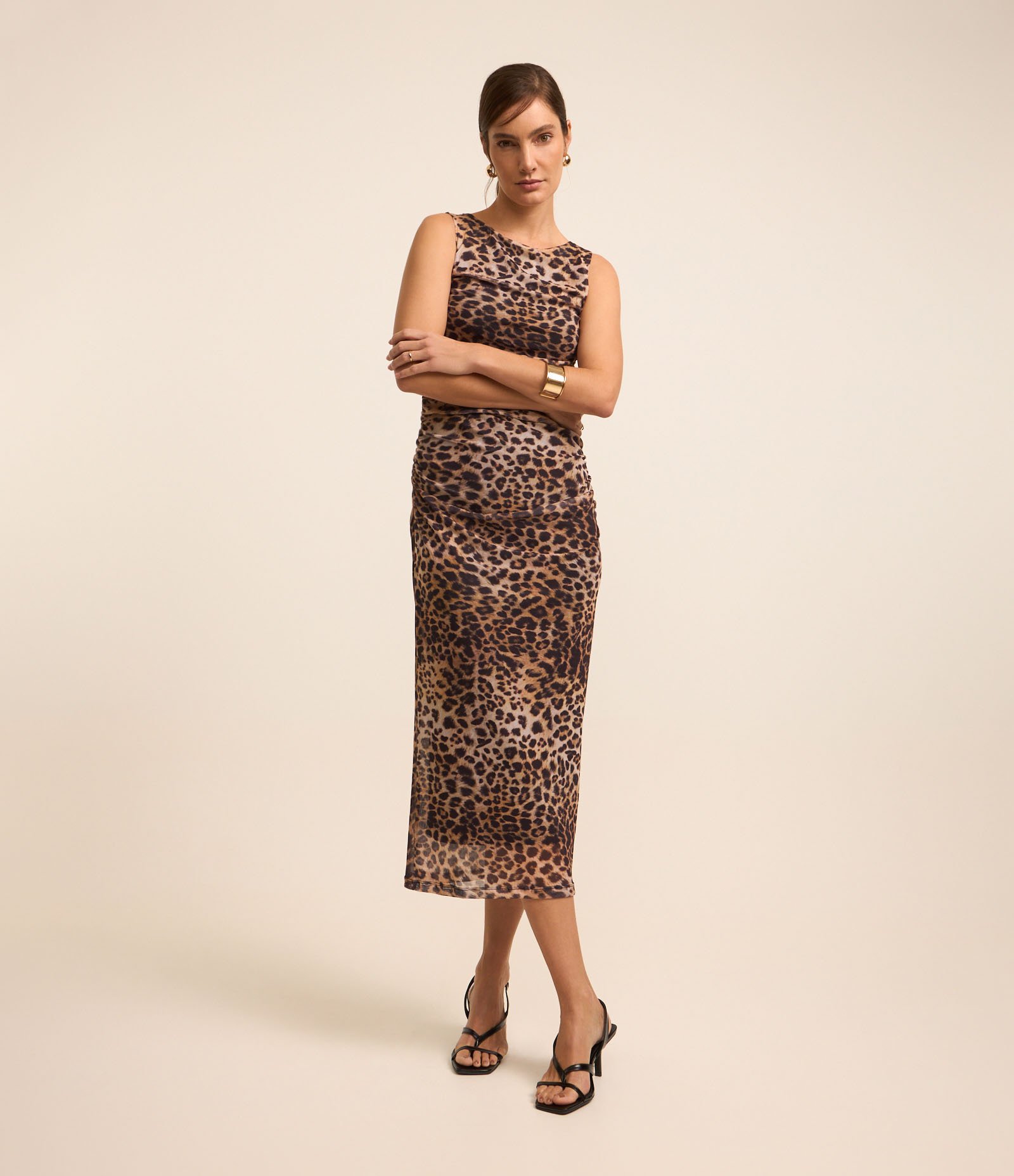 Vestido Midi em Tule com Estampa Animal Print Marrom 1