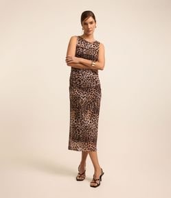 Vestido Midi em Tule com Estampa Animal Print