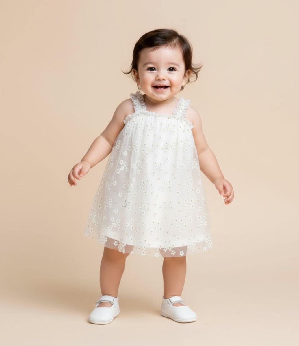 Vestido Infantil em Tule com Estampa de Florzinhas com Glitter