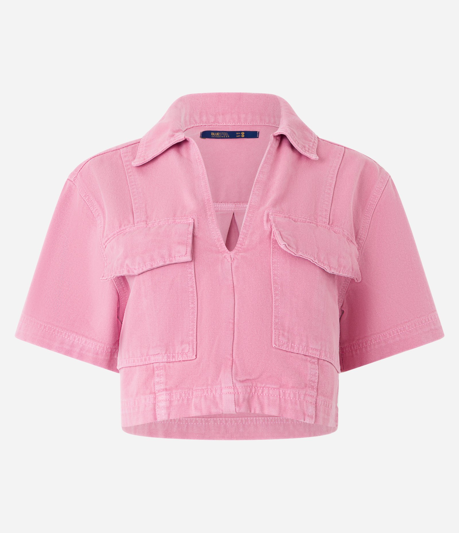 Blusa Cropped em Jeans com Bolsos Frontais e Decote V Rosa 5