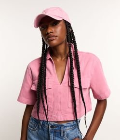 Blusa Cropped em Jeans com Bolsos Frontais e Decote V