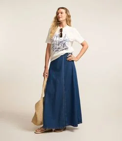 Saia Longa em Jeans com Cinto Afivelado e Transpasse