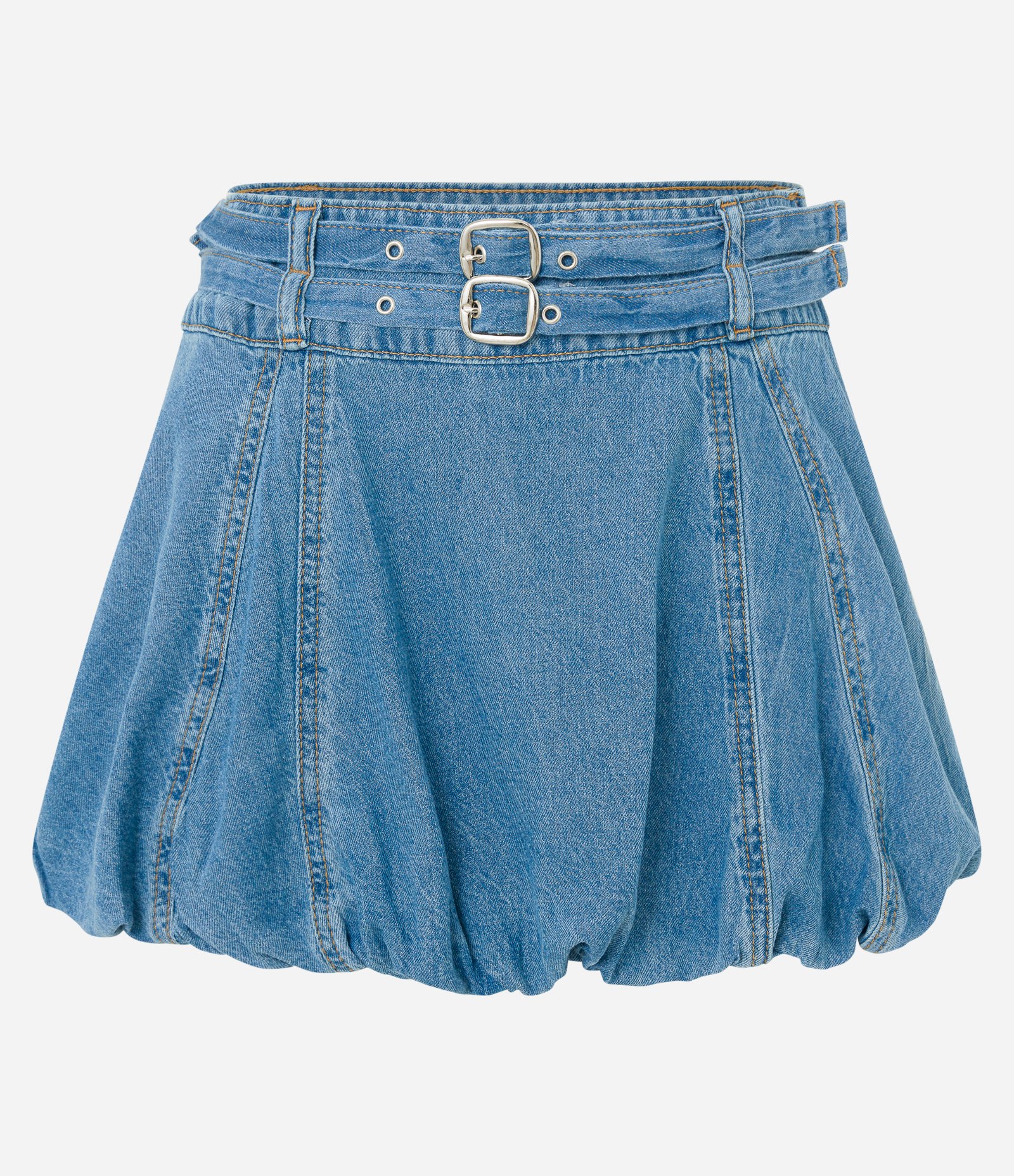Saia Balonê Curta em Jeans Destroyer com 02 Cintos Azul 6
