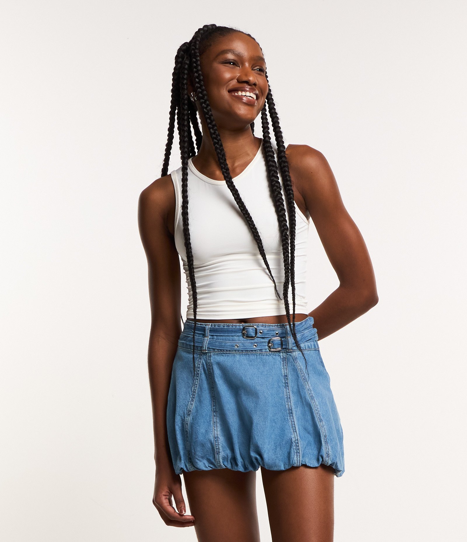 Saia Balonê Curta em Jeans Destroyer com 02 Cintos Azul 1