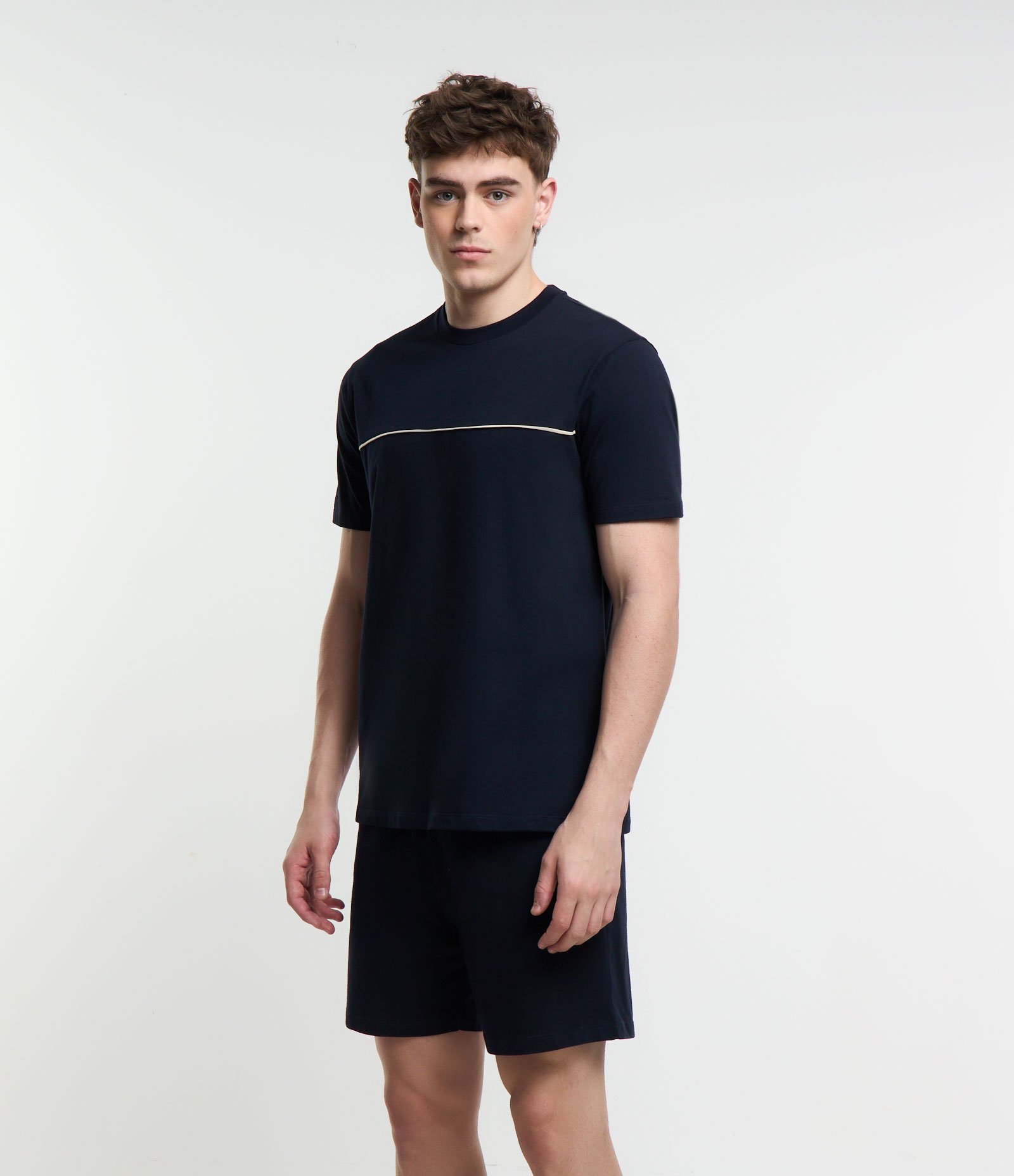 Pijama Curto em Algodão com Detalhes e Recorte Azul Marinho 1