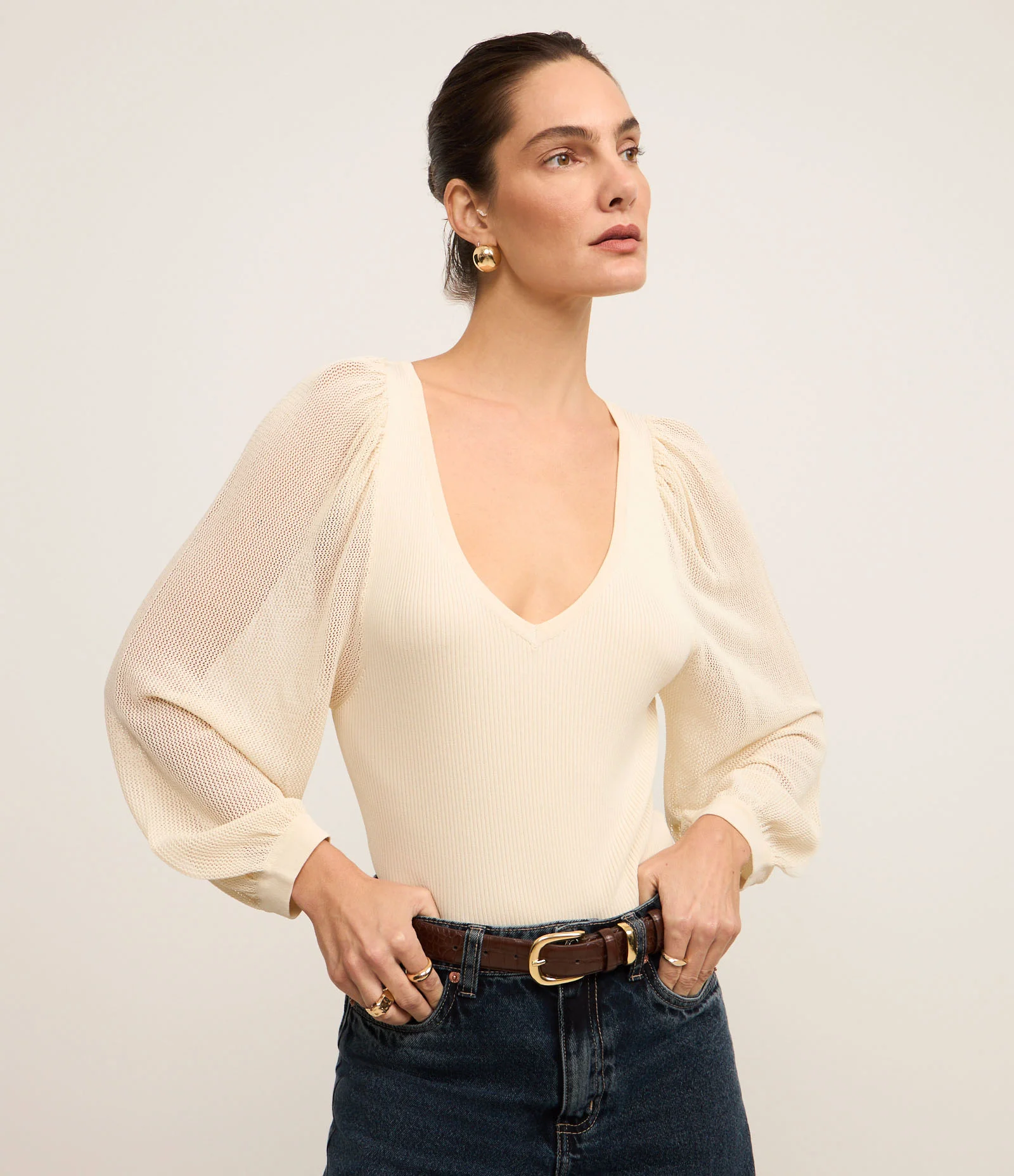 Blusa em Tricô com Decote V e Manga Longa Ampla Off White 1