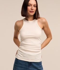 Blusa Regata em Ribana com Gola Halter e Drapeado Lateral