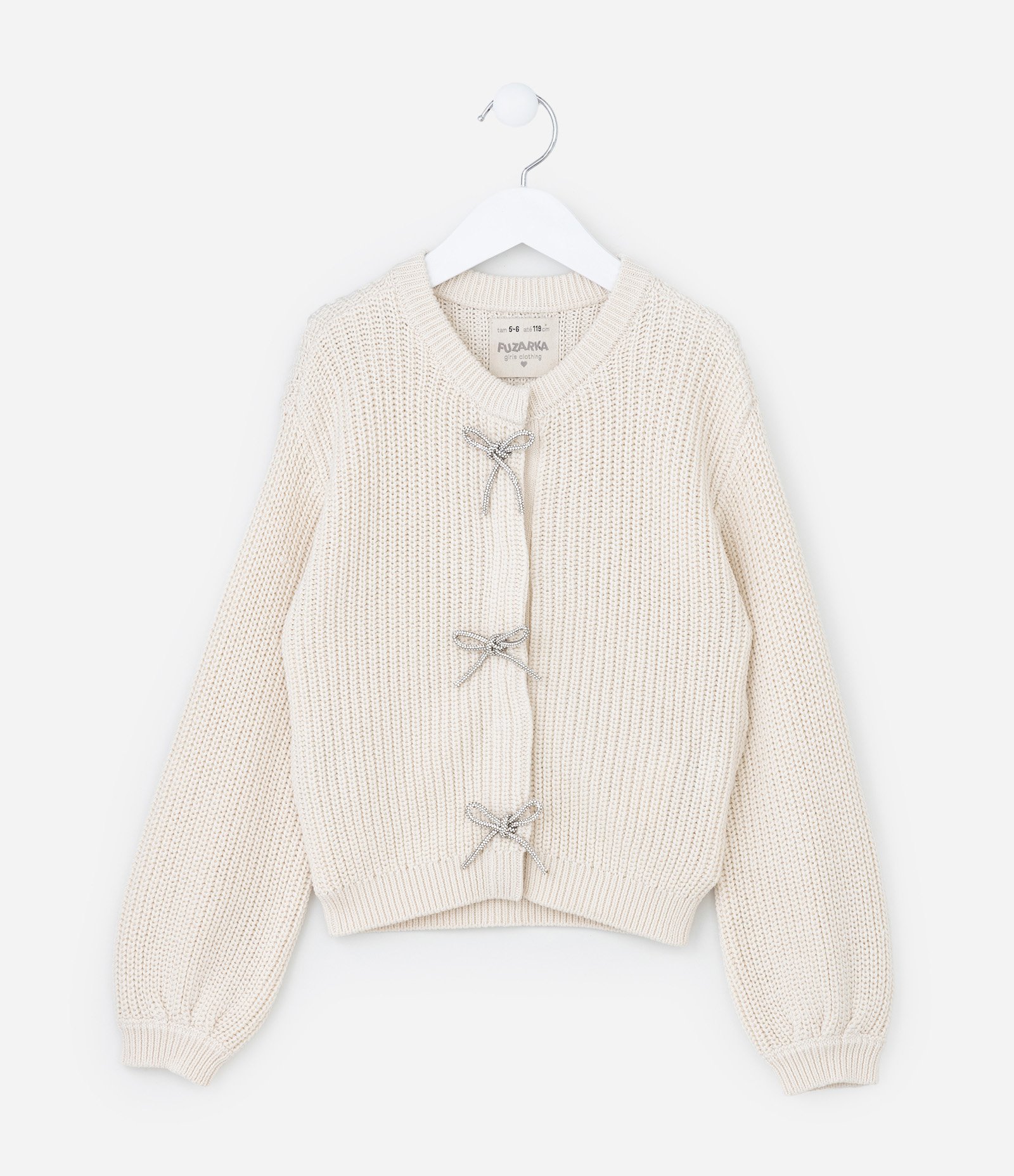 Cardigan Infantil em Tricô com Lacinhos Brilhantes - Tam 5 a 14 Anos Bege 1