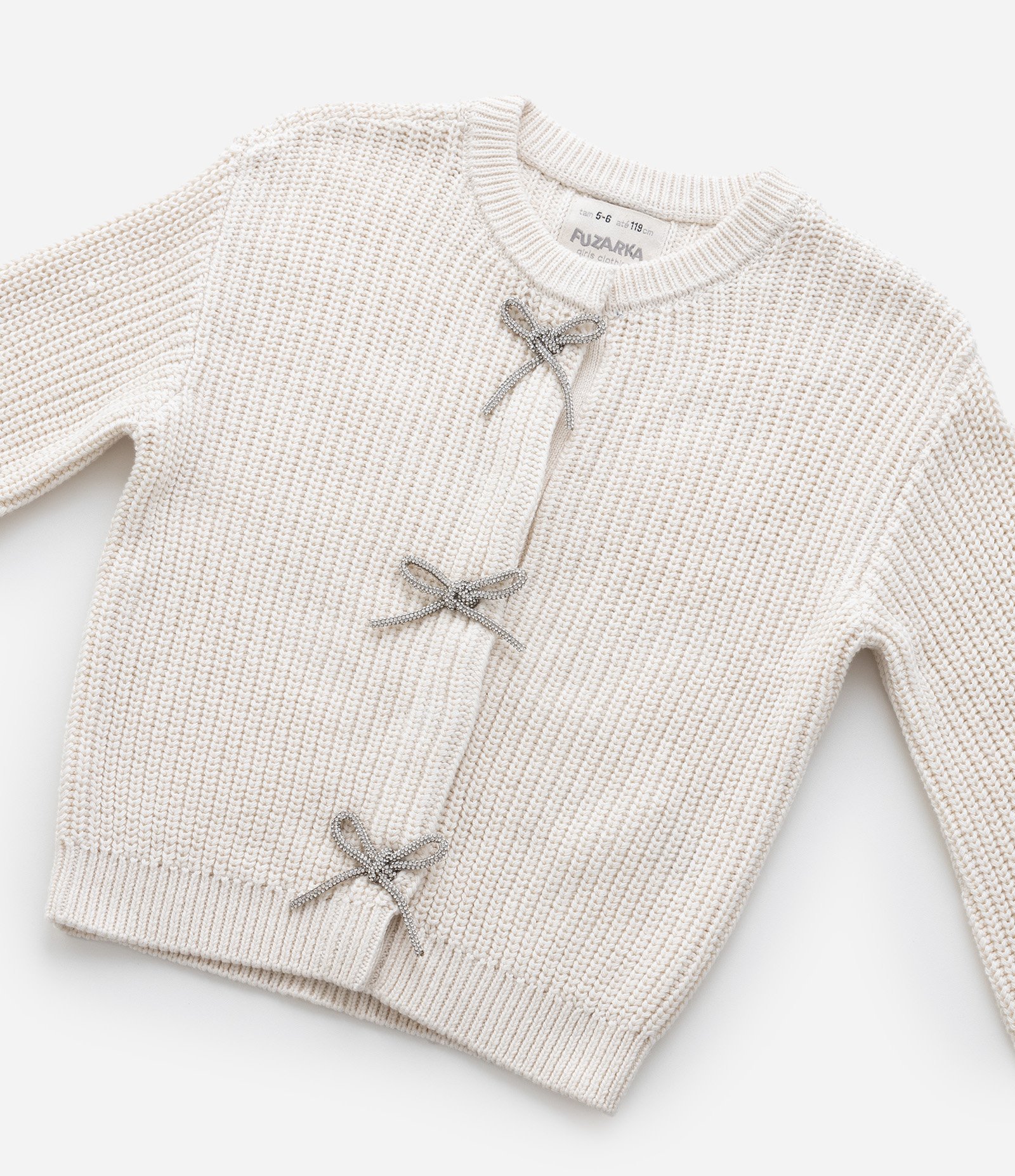 Cardigan Infantil em Tricô com Lacinhos Brilhantes - Tam 5 a 14 Anos Bege 5