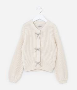 Cardigan Infantil em Tricô com Lacinhos Brilhantes - Tam 5 a 14 Anos
