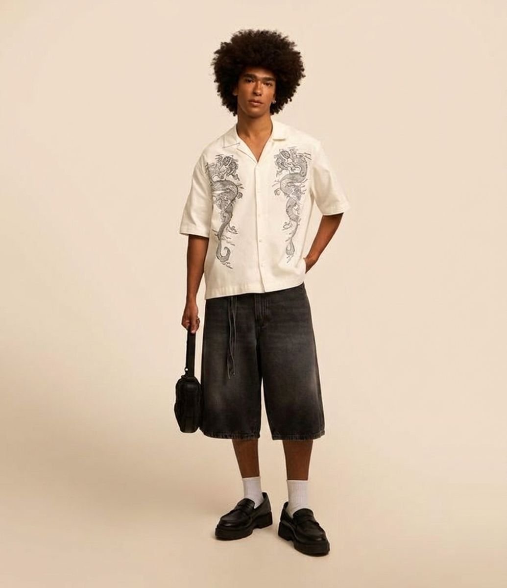 Bermuda Jorts Super Baggy em Jeans com Cinto Amarração Preto
