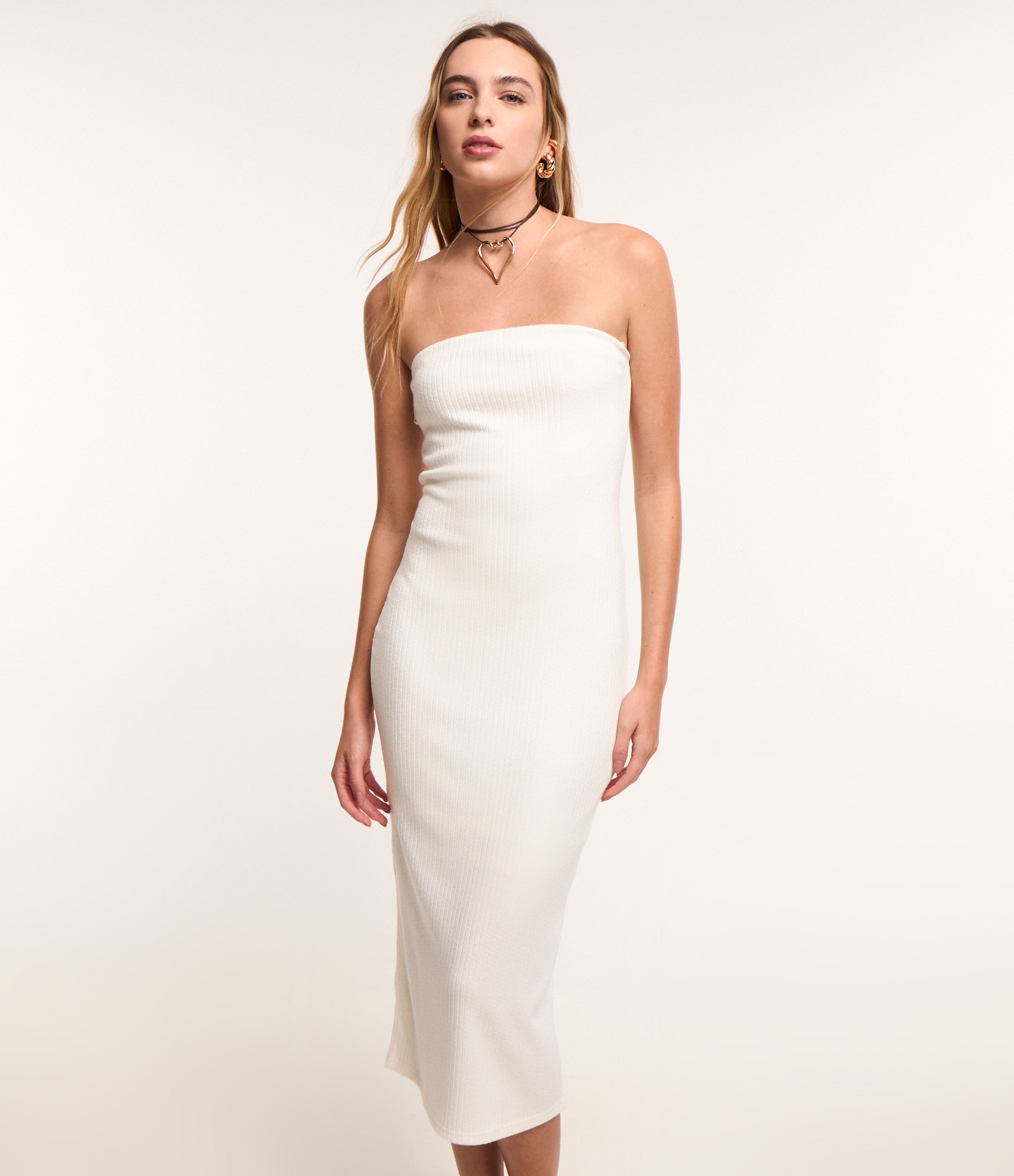Vestido Midi em Ribana e Decote Tomara que Caia Branco 3