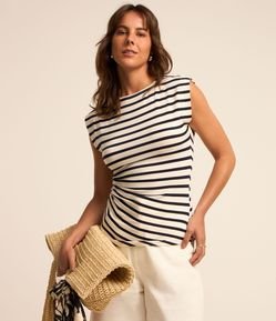 Blusa sem Manga em Algodão Listrado com Franzido