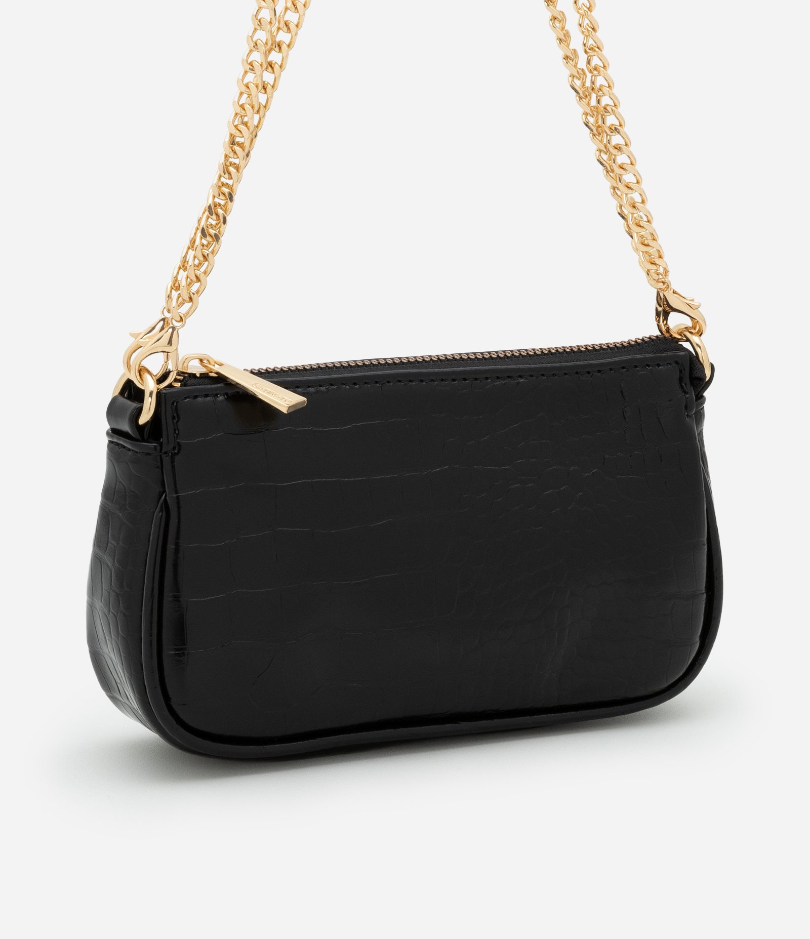 Bolsa Baguete Pequena em PU com Textura Croro com Alça Curta Preto 1