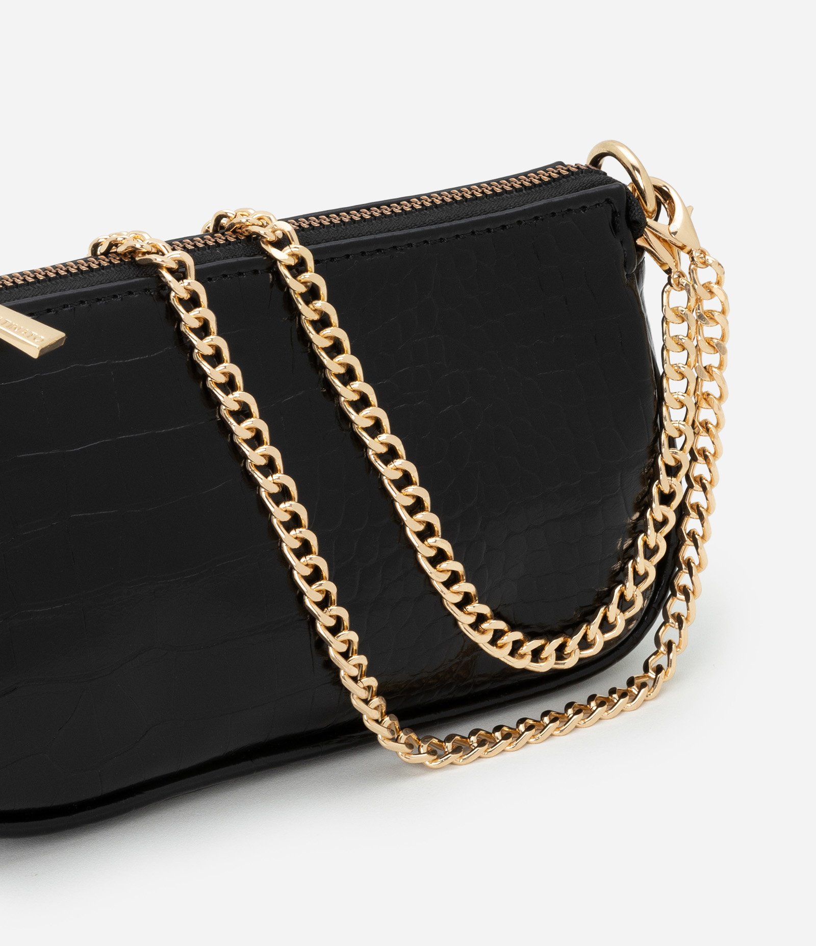 Bolsa Baguete Pequena em PU com Textura Croro com Alça Curta Preto 5