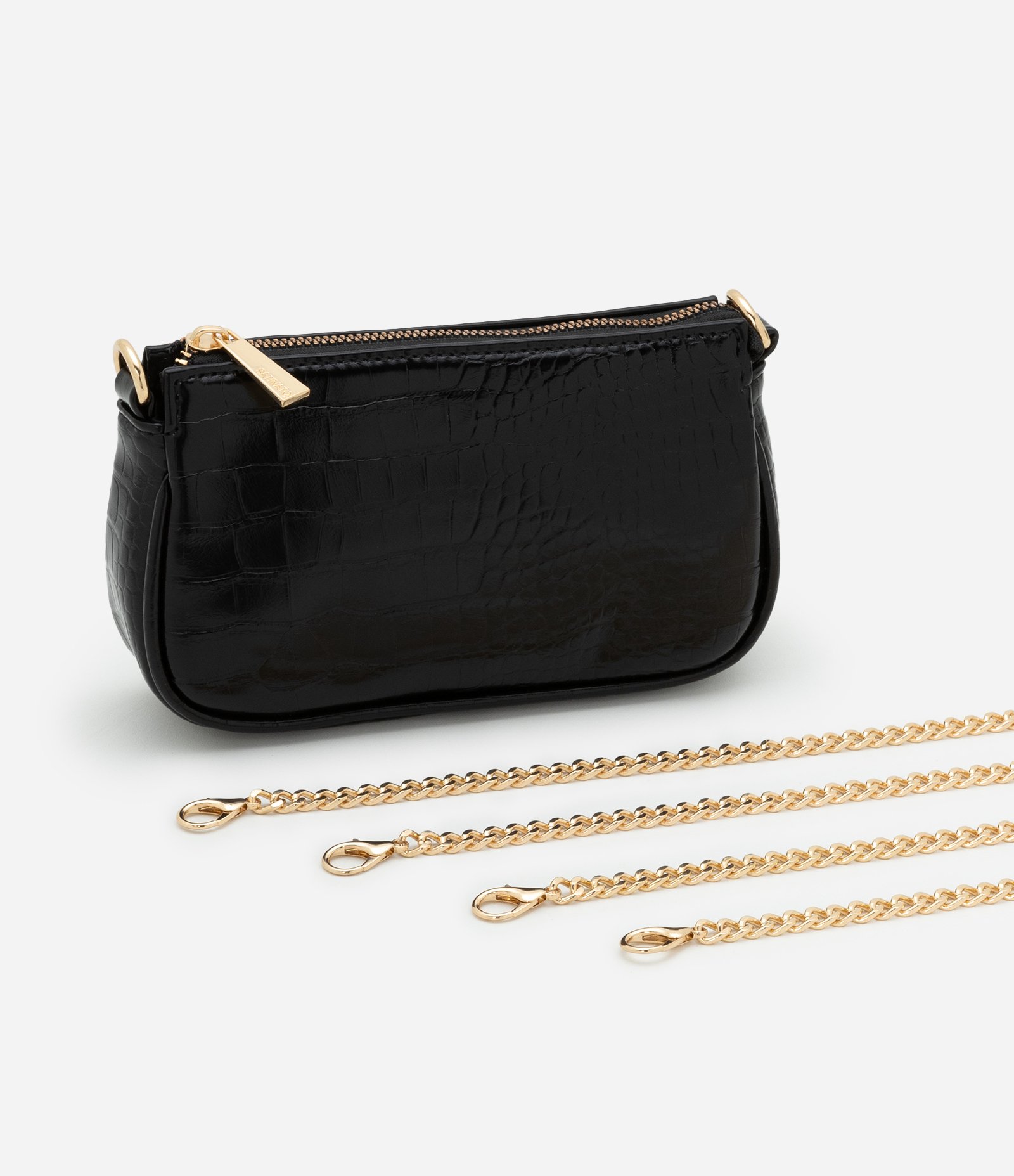 Bolsa Baguete Pequena em PU com Textura Croro com Alça Curta Preto 7