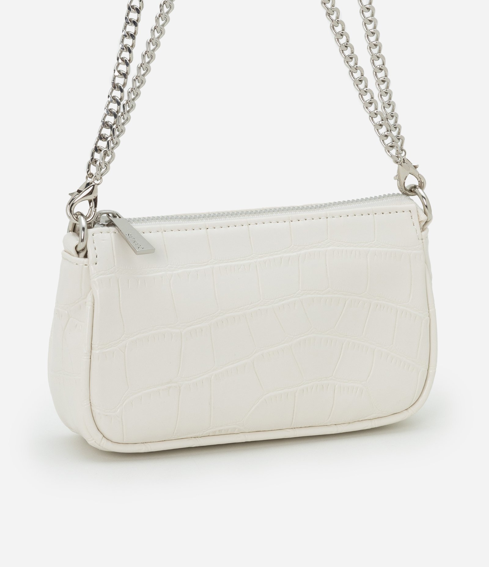 Bolsa Baguete Pequena em PU com Textura Croro com Alça Curta Off White 1