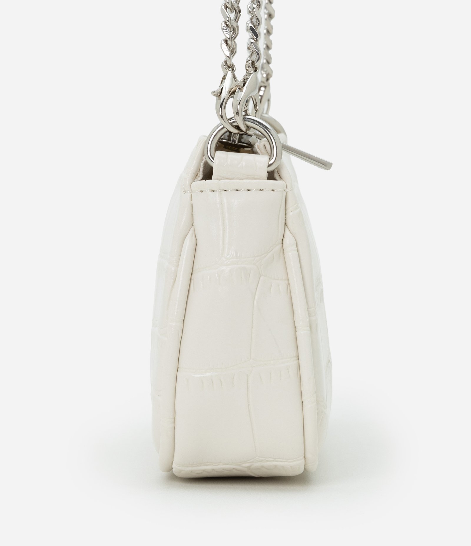 Bolsa Baguete Pequena em PU com Textura Croro com Alça Curta Off White 2