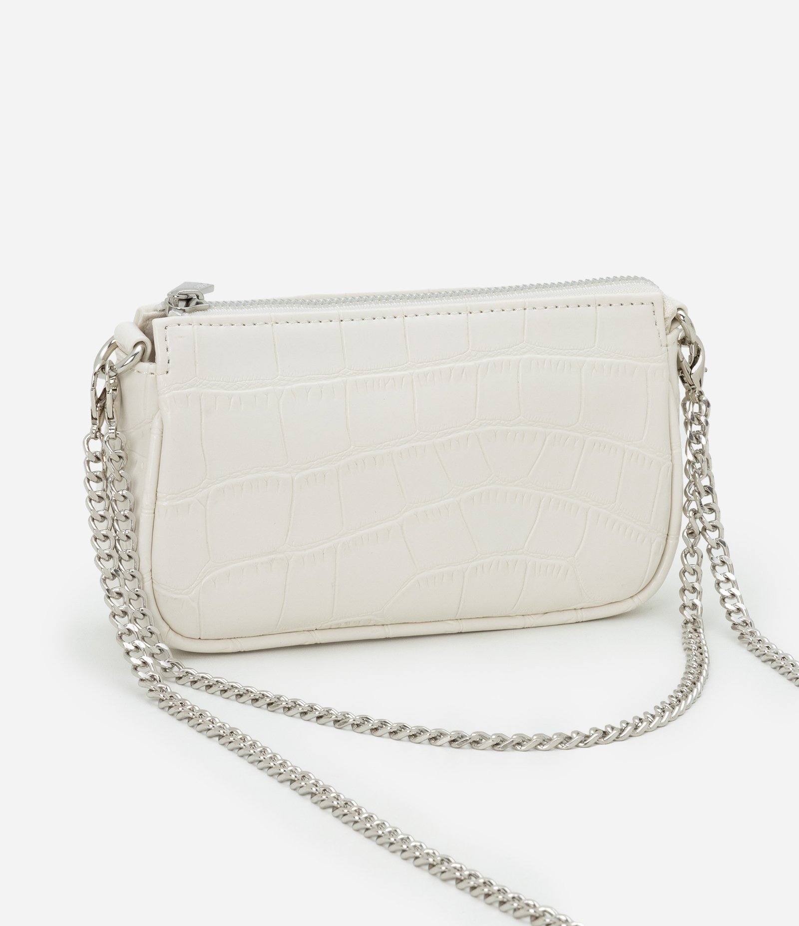 Bolsa Baguete Pequena em PU com Textura Croro com Alça Curta Off White 3