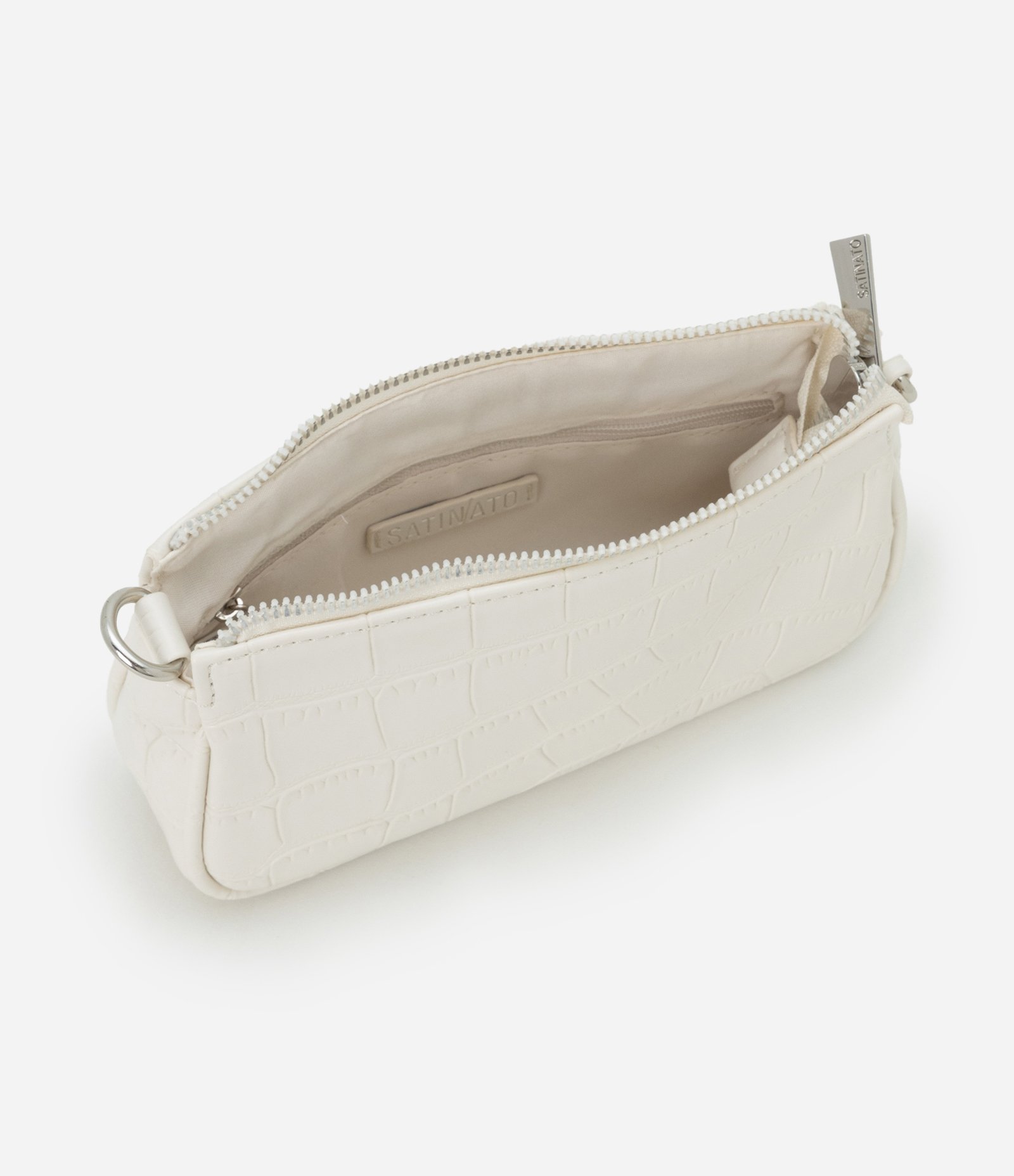 Bolsa Baguete Pequena em PU com Textura Croro com Alça Curta Off White 4