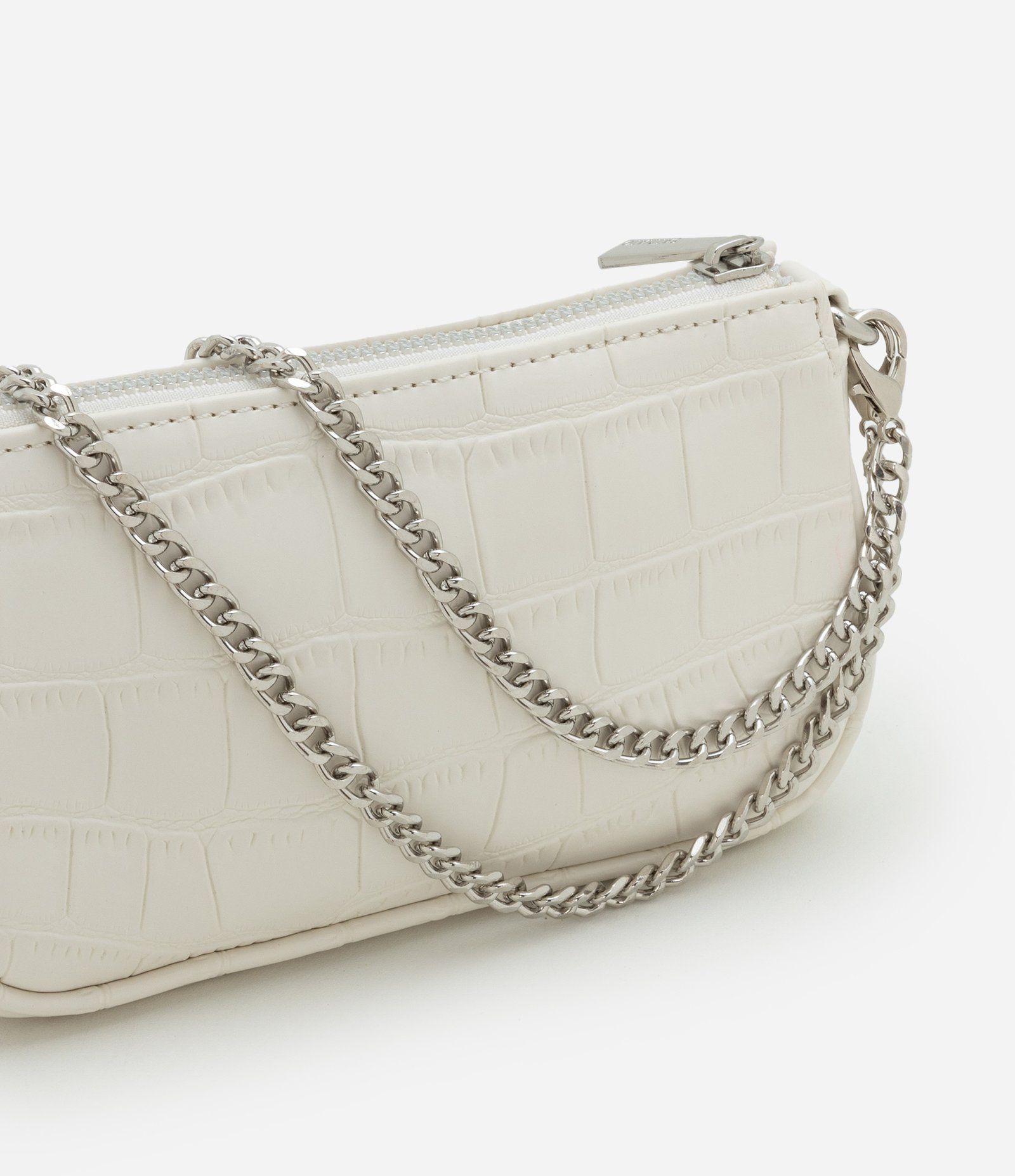 Bolsa Baguete Pequena em PU com Textura Croro com Alça Curta Off White 6