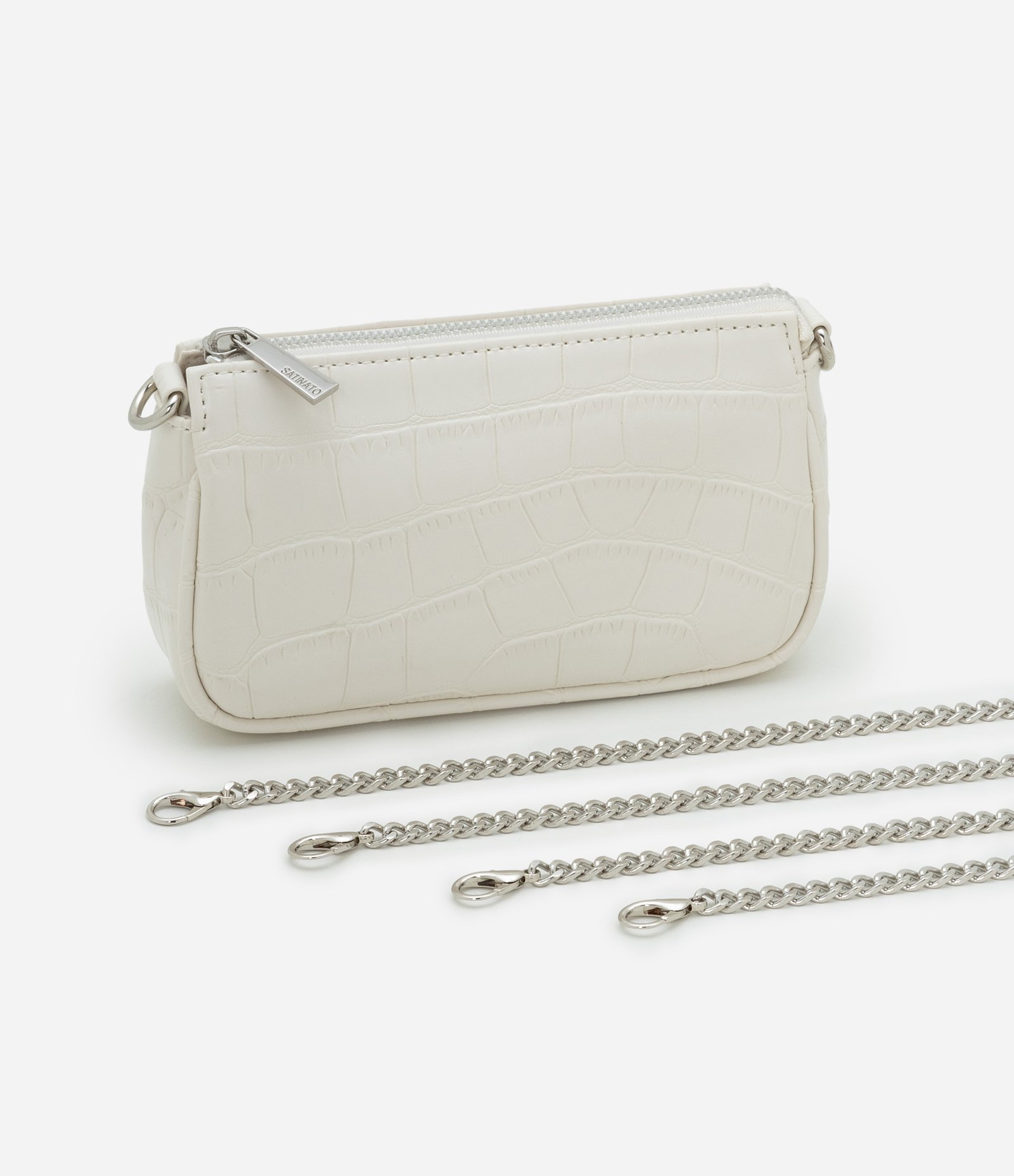 Bolsa Baguete Pequena em PU com Textura Croro com Alça Curta Off White 7