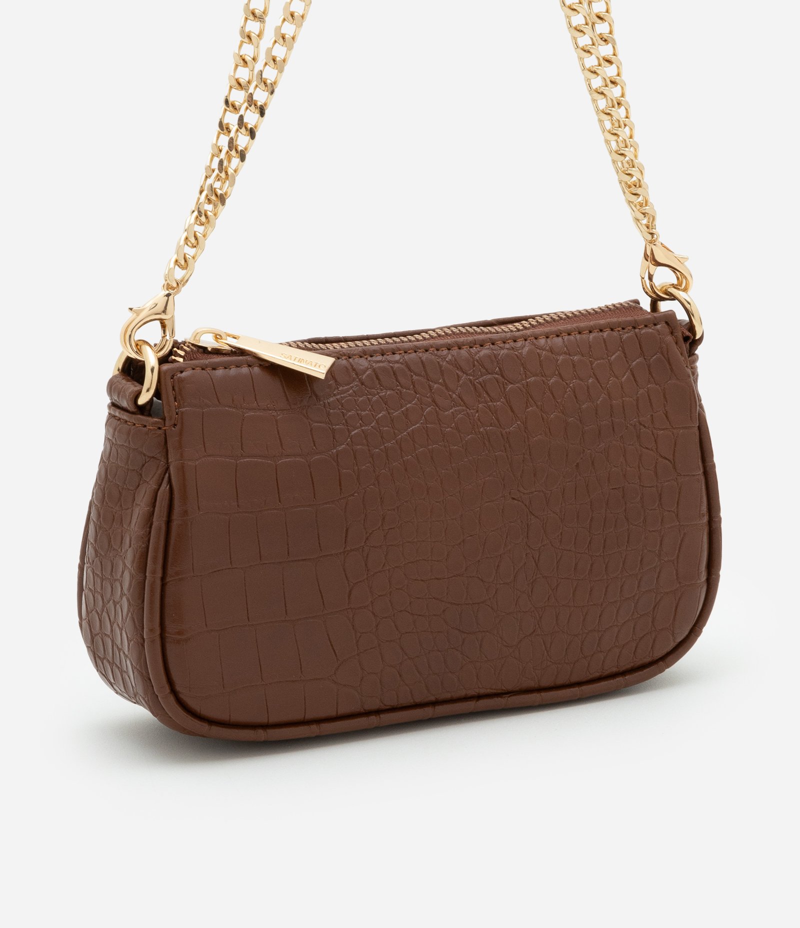 Bolsa Baguete Pequena em PU com Textura Croro com Alça Curta Marrom 1