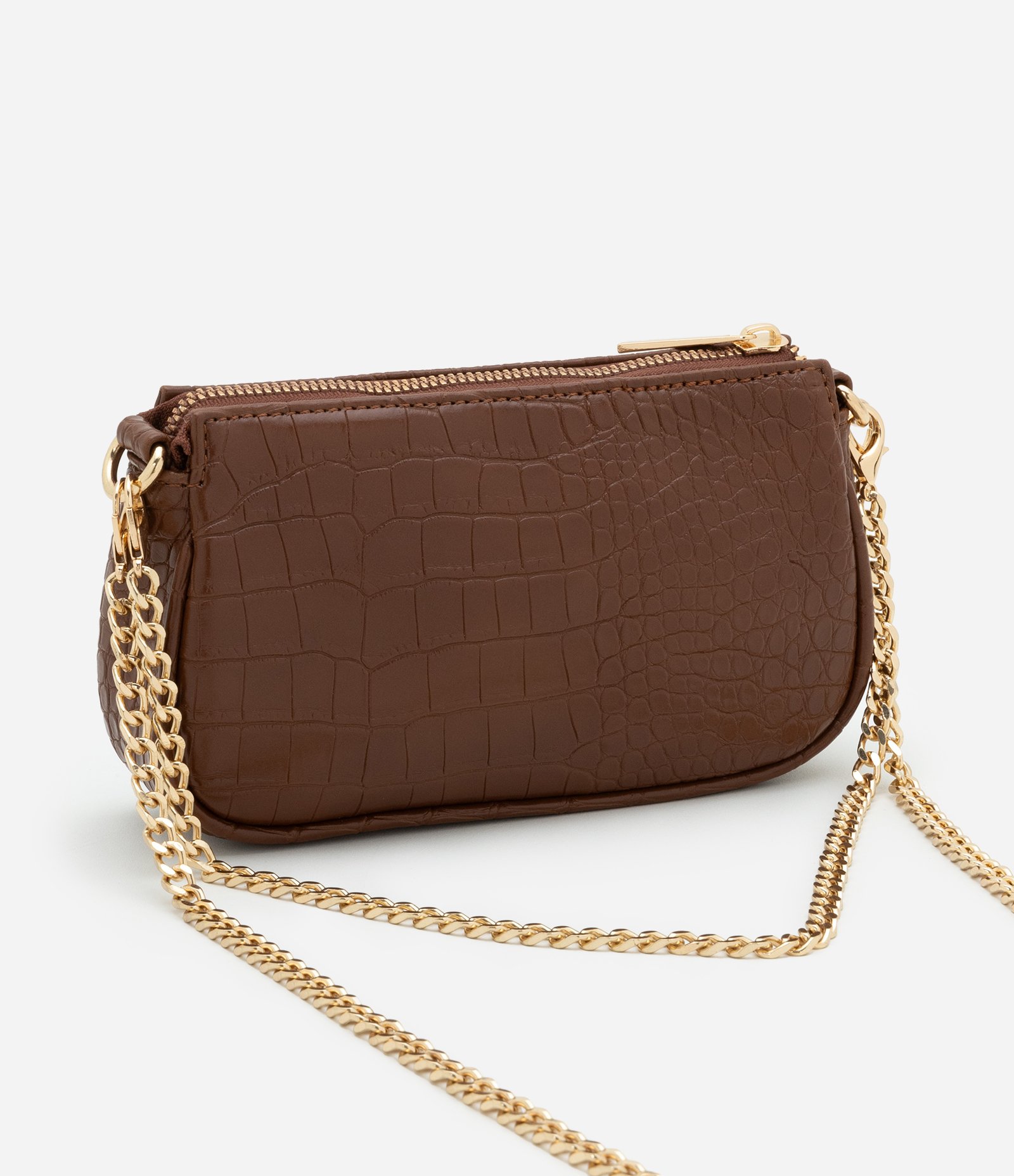 Bolsa Baguete Pequena em PU com Textura Croro com Alça Curta Marrom 3