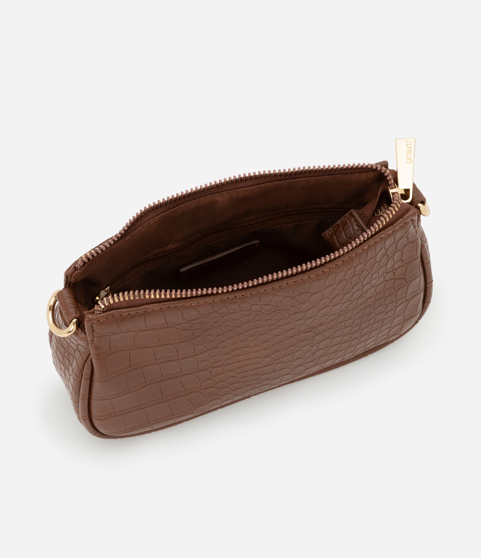 Bolsa Baguete Pequena em PU com Textura Croro com Alça Curta Marrom 4