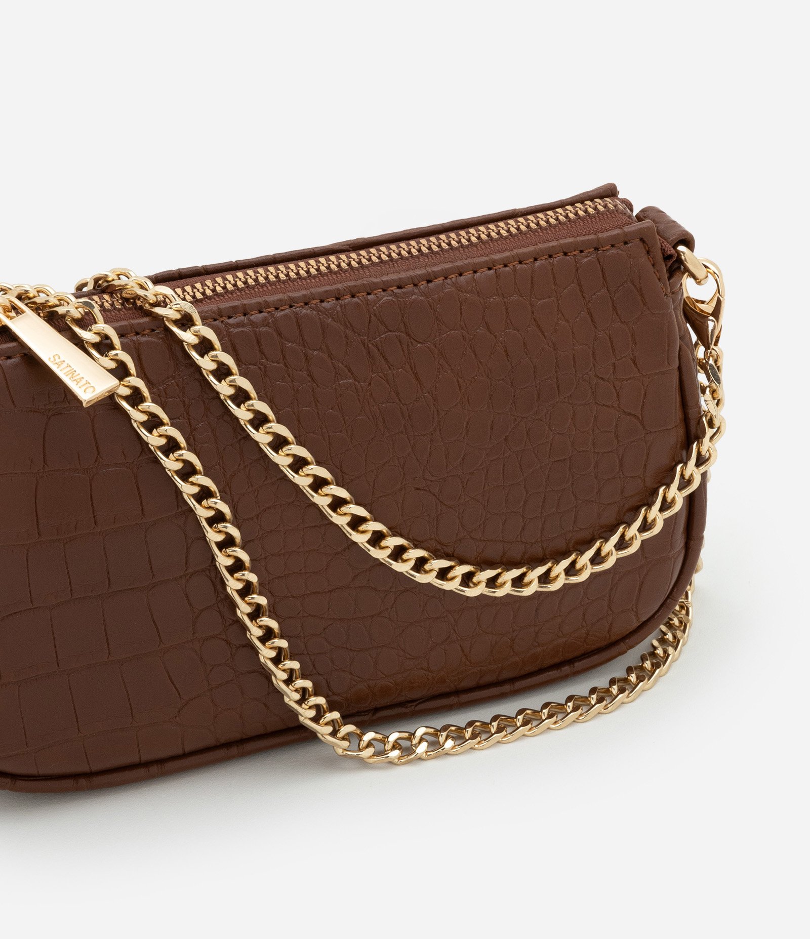 Bolsa Baguete Pequena em PU com Textura Croro com Alça Curta Marrom 6