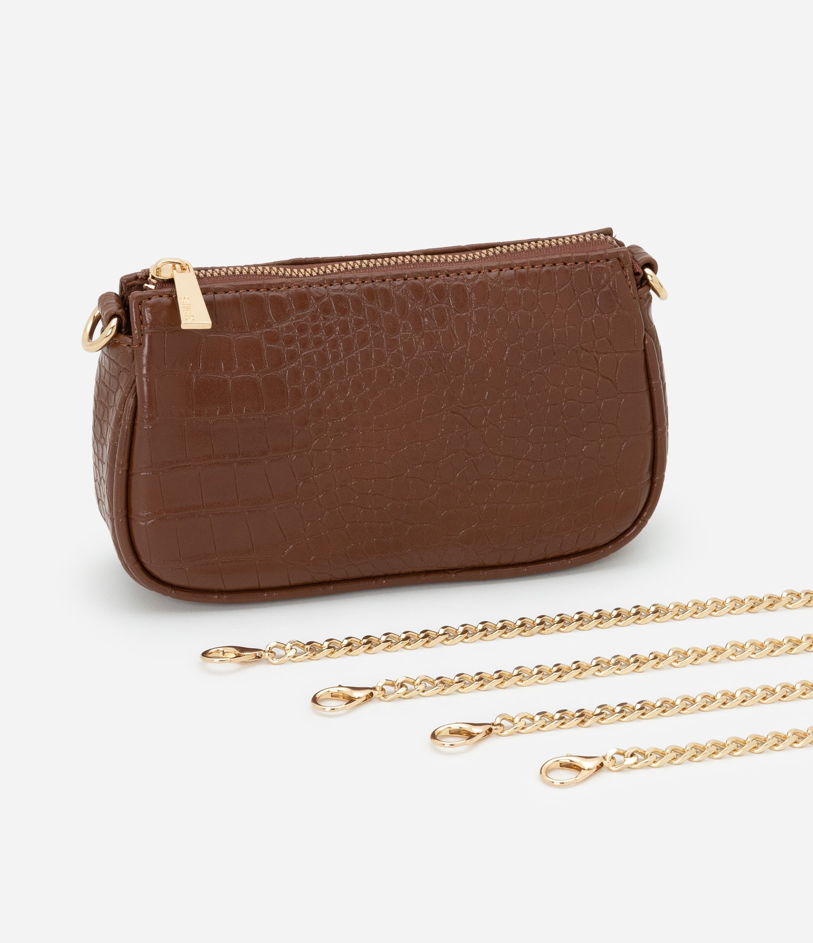 Bolsa Baguete Pequena em PU com Textura Croro com Alça Curta Marrom 7