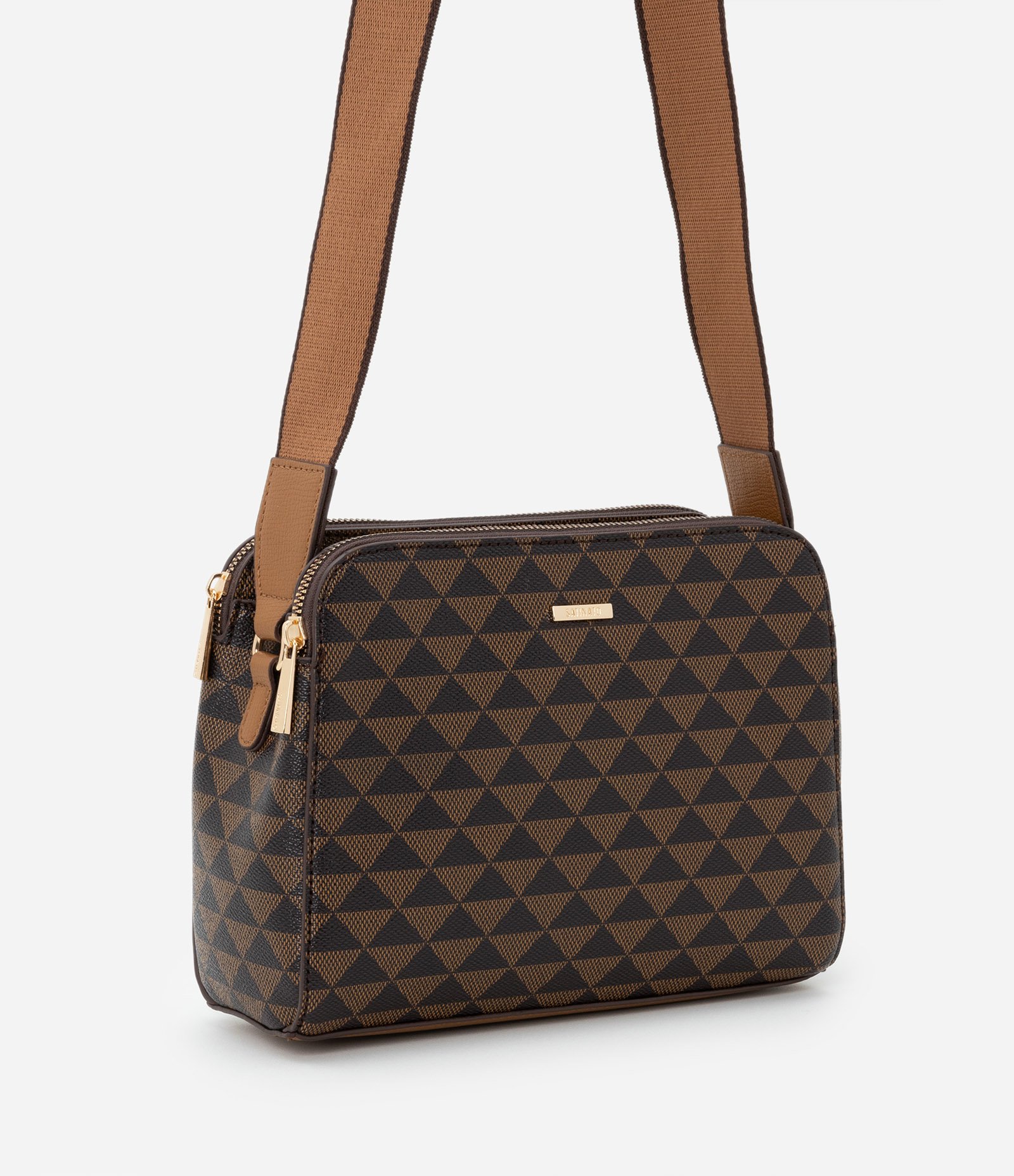 Bolsa Média Transversal com Estampa Triângulos e  Fechamentos em Zíper Marrom/ Preto 1