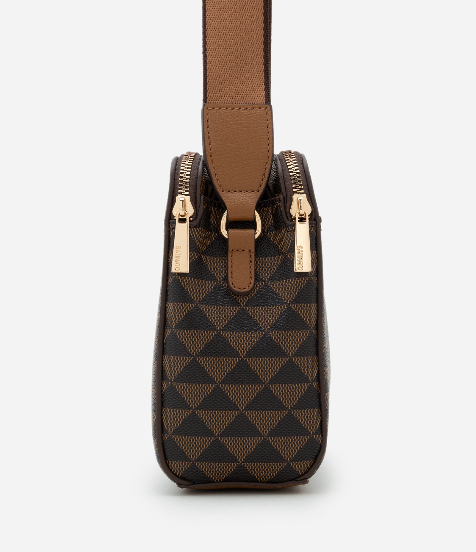 Bolsa Média Transversal com Estampa Triângulos e  Fechamentos em Zíper Marrom/ Preto 2