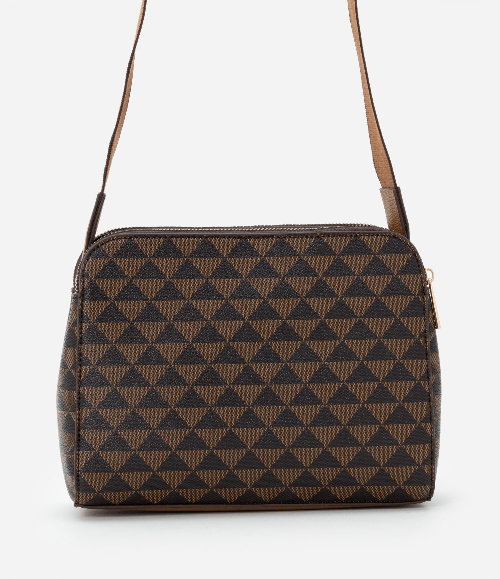 Bolsa Média Transversal com Estampa Triângulos e  Fechamentos em Zíper Marrom/ Preto 3