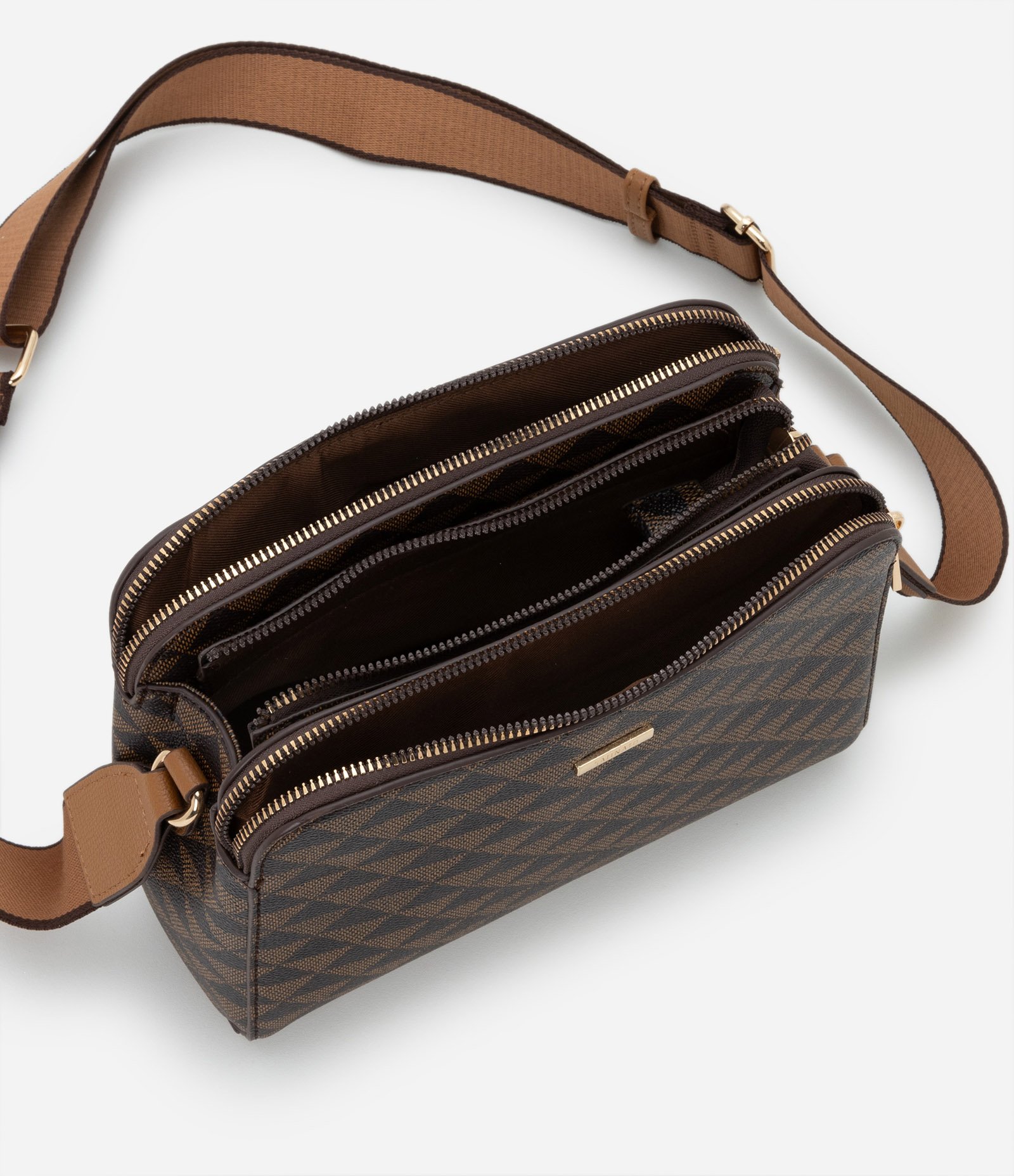 Bolsa Média Transversal com Estampa Triângulos e  Fechamentos em Zíper Marrom/ Preto 4