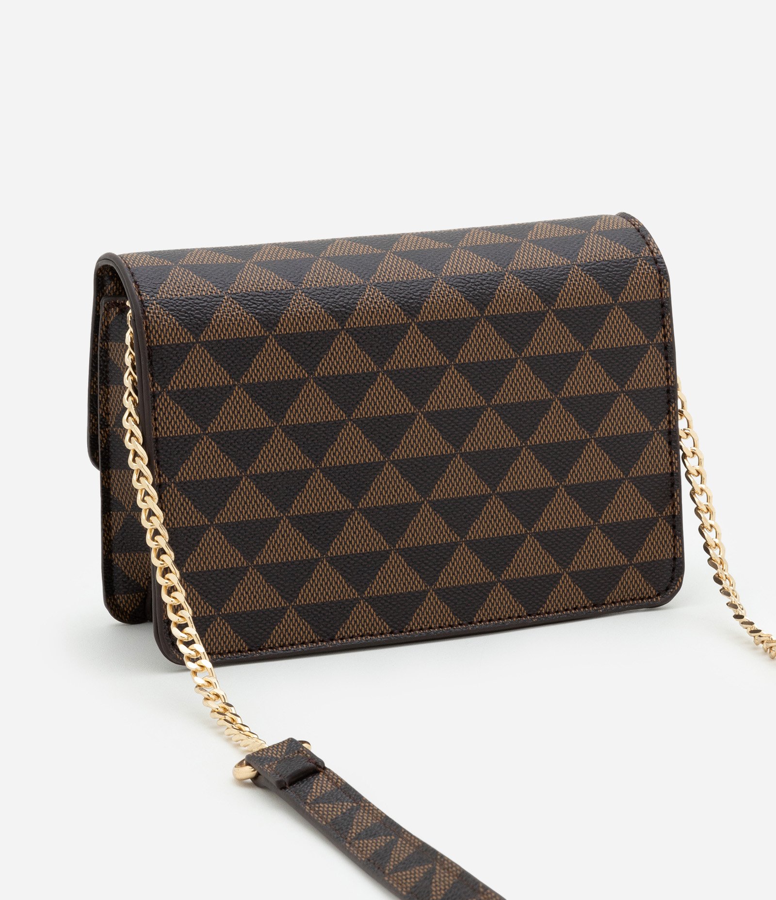 Bolsa Transversal Pequena Estampa Triângulo com Alça de Corrente e PU Marrom 3