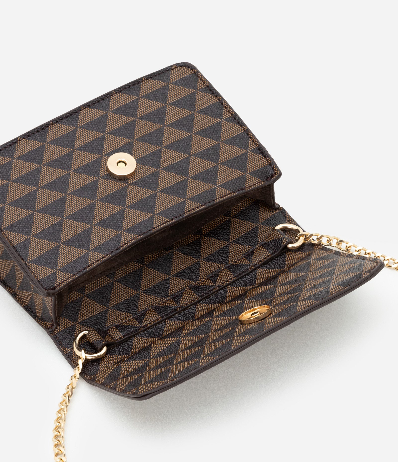 Bolsa Transversal Pequena Estampa Triângulo com Alça de Corrente e PU Marrom 4