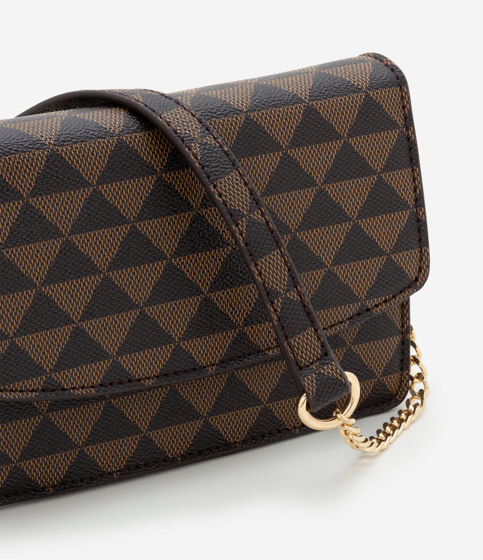 Bolsa Transversal Pequena Estampa Triângulo com Alça de Corrente e PU Marrom 5