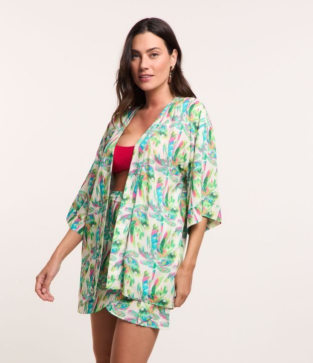 Saída de Praia Kimono em Viscose com Estampa Folhagens