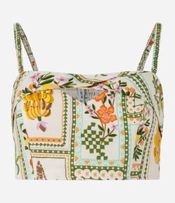 Blusa Cropped em Viscose Floral e Decote Coração