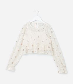 Blusa Curta Infantil em Tule com Bordado de Paetês - Tam 5 a 14 Anos