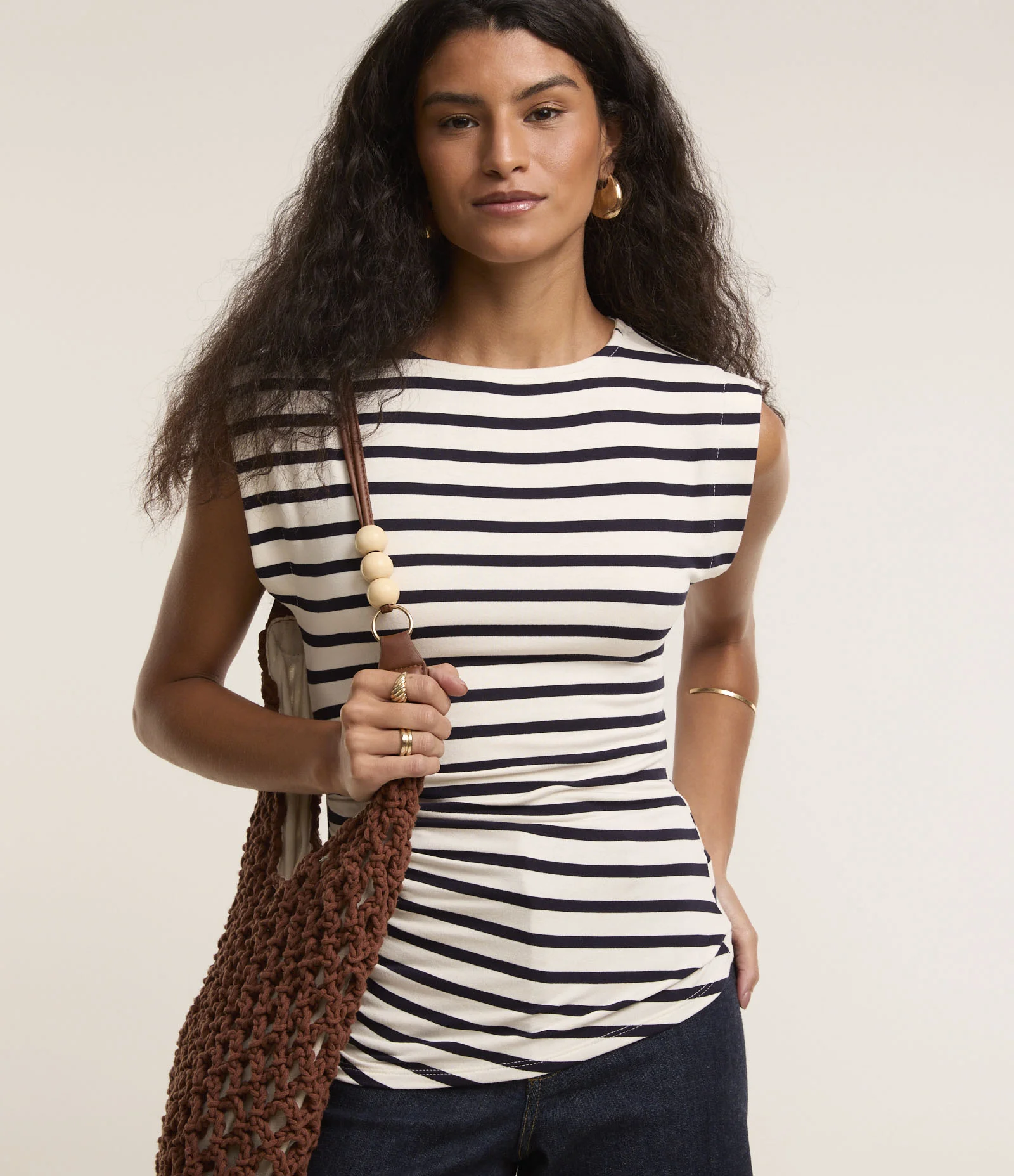 Blusa sem Manga em Algodão Listrado com Franzido Azul/Branco 1