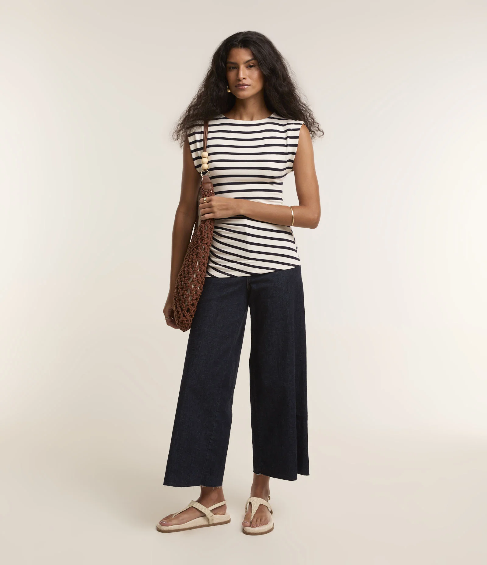Blusa sem Manga em Algodão Listrado com Franzido Azul/Branco 2
